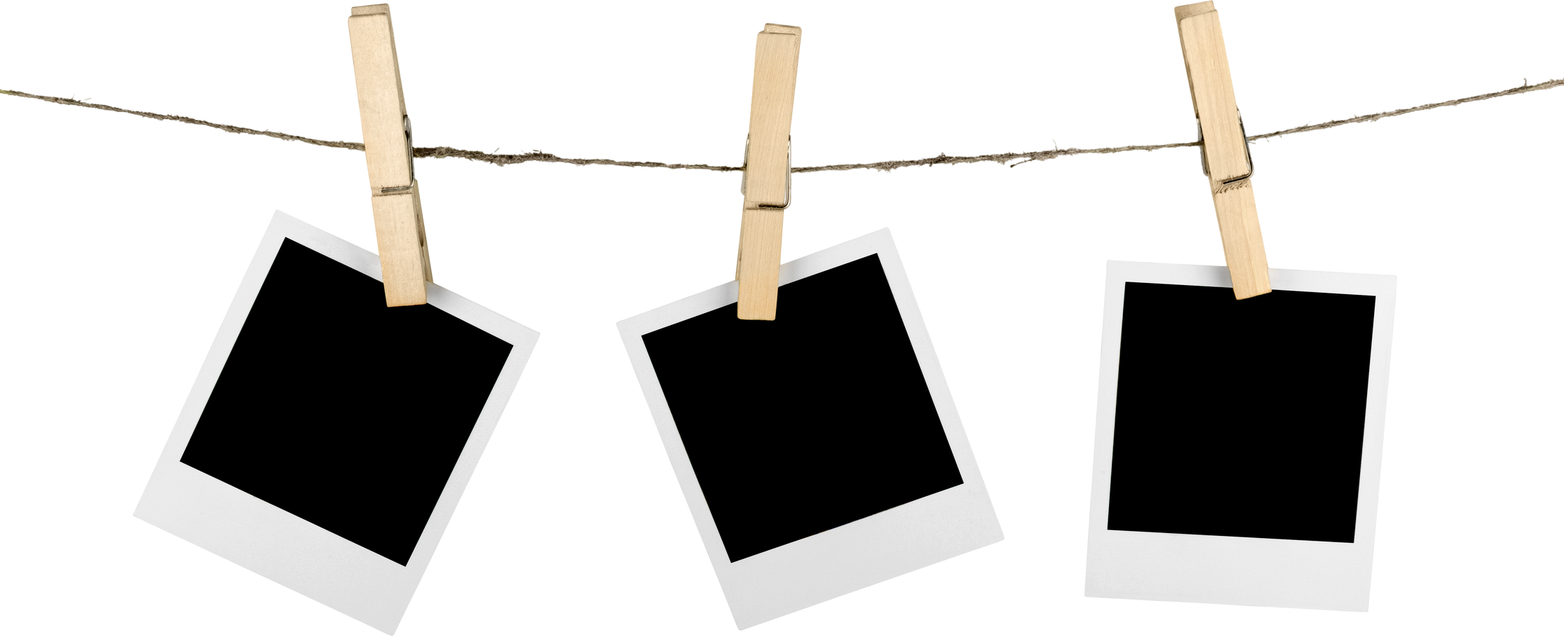 Three Blank Polaroid Frames Hanging on Twine Attached with Clothespins